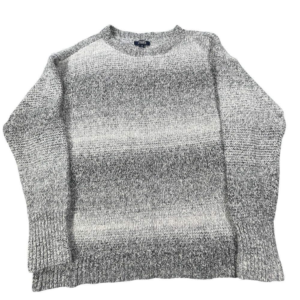 Chaps Sweater Mens Large Gray Ombré Striped Crewneck Knit Pullover Logo Acrylic